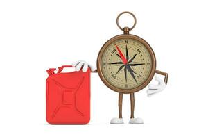 Antique Vintage Brass Compass Cartoon Person Character Mascot with White Flag with Red Metal Jerrican Canister. 3d Rendering photo