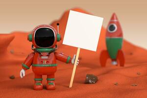 Cute Cartoon Mascot Astronaut Character Person Holding a Blank Banner with Free Space for Your Design near Rocket on Mars. 3d Rendering photo