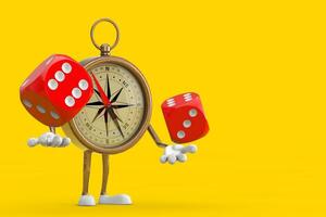 Antique Vintage Brass Compass Cartoon Person Character Mascot with Red Game Dice Cubes in Flight. 3d Rendering photo