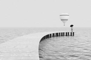 melancolía concepto. mujer en pie con paraguas en un de madera mar puente mirando a un volador caliente aire globo. 3d representación foto