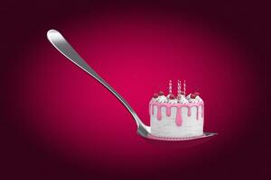 Abstract Birthday Cartoon Dessert Cherry Cake with Candles on a Spoon. 3d Rendering photo