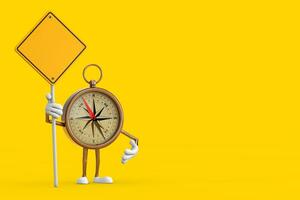 Antique Vintage Brass Compass Cartoon Person Character Mascot and Yellow Road Sign with Free Space for Yours Design. 3d Rendering photo