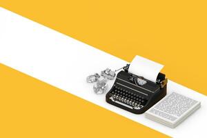 Writer and Blogger Concept. Old Vintage Retro Typewriter with Stack of Paper Documents. 3d Rendering photo