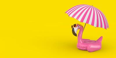 Summer Swimming Pool Inflantable Rubber Pink Flamingo Toy with Sunglasses and Beach Umbrella. 3d Rendering photo