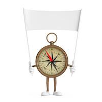 Antique Vintage Brass Compass Cartoon Person Character Mascot  and Empty White Blank Banner with Free Space for Your Design. 3d Rendering photo