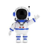 linda dibujos animados mascota astronauta personaje persona ondulación mano. 3d representación foto