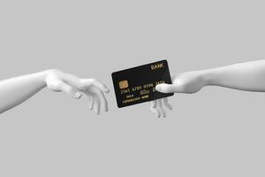 Hand to Hand. Abstract Imitation of Michelangelo's the Creation of Adam. The Hand of God Gives the Hand of Adam a Golden Credit Card. 3d Rendering photo