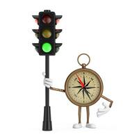 Antique Vintage Brass Compass Cartoon Person Character Mascot with Traffic Green Light. 3d Rendering photo