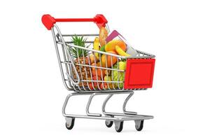 Shopping Cart Trolley Full of Groceries. 3d Rendering photo