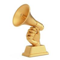 Golden Business Award Trophy in Shape of Hand with Megaphone. 3d Rendering photo