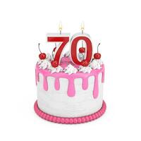 70 Year Birthday Concept. Abstract Birthday Cartoon Dessert Cherry Cake with Seventy Year Anniversary Candle. 3d Rendering photo