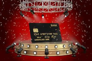 Black Plastic Golden Credit Card with Chip on a Golden Product Presentation Podium Stage with Spotlights. 3d Rendering photo