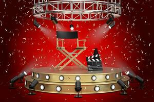 Director Chair, Movie Clapper and Megaphone on a Golden Product Presentation Podium Stage with Spotlights. 3d Rendering photo