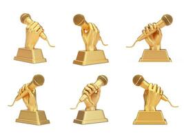 Golden Music Award Trophy in Shape of Hand with Microphone in Different Position. 3d Rendering photo