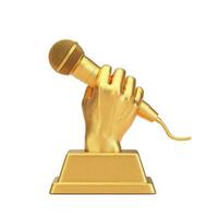 dorado música premio trofeo en forma de mano con micrófono. 3d representación foto