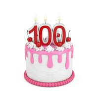 100 Year Birthday Concept. Abstract Birthday Cartoon Dessert Cherry Cake with One Hundred Year Anniversary Candle. 3d Rendering photo