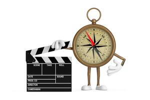 Antique Vintage Brass Compass Cartoon Person Character Mascot with Movie Clapper Board. 3d Rendering photo