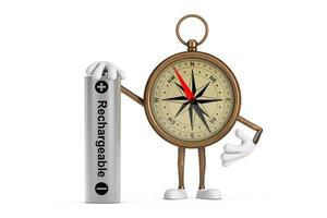 Antique Vintage Brass Compass Cartoon Person Character Mascot with Rechargeable Battery. 3d Rendering photo