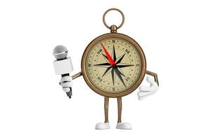 Antique Vintage Brass Compass Cartoon Person Character Mascot with Modern Chrome Microphone. 3d Rendering photo