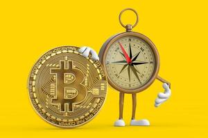 Antique Vintage Brass Compass Cartoon Person Character Mascot with Cryptocurrency Golden Bitcoin Coin. 3d Rendering photo