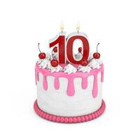 10 Year Birthday Concept. Abstract Birthday Cartoon Dessert Cherry Cake with Ten Year Anniversary Candle. 3d Rendering photo