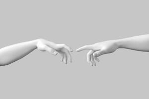 Hand to Hand. Abstract Imitation of Michelangelo's the Creation of Adam. God and Adam Hands. 3d Rendering photo