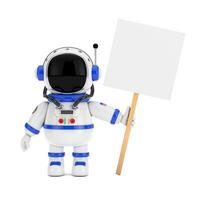 linda dibujos animados mascota astronauta personaje persona participación un blanco bandera con gratis espacio para tu diseño. 3d representación foto