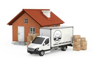 Home Moving Services Concept. Home Moving Van near Moving Boxes and Modern House. 3d Rendering photo