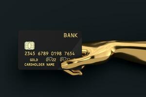 Black Plastic Golden Credit Card with Chip in Gold Abstract Hand. 3d Rendering photo