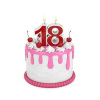 18 Year Birthday Concept. Abstract Birthday Cartoon Dessert Cherry Cake with Eighteen Year Anniversary Candle. 3d Rendering photo