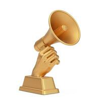 Golden Business Award Trophy in Shape of Hand with Megaphone. 3d Rendering photo