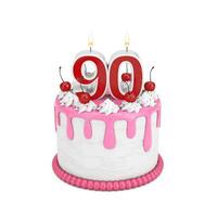 90 Year Birthday Concept. Abstract Birthday Cartoon Dessert Cherry Cake with Ninety Year Anniversary Candle. 3d Rendering photo