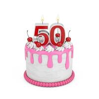 50 Year Birthday Concept. Abstract Birthday Cartoon Dessert Cherry Cake with Fifty Year Anniversary Candle. 3d Rendering photo