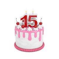 15 Year Birthday Concept. Abstract Birthday Cartoon Dessert Cherry Cake with Fifteen Year Anniversary Candle. 3d Rendering photo