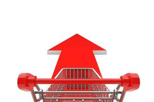 Buying Concept. Shopping Cart Trolley Over Go Forward Arrow Sign. 3d Rendering photo