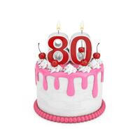 80 Year Birthday Concept. Abstract Birthday Cartoon Dessert Cherry Cake with Eighty Year Anniversary Candle. 3d Rendering photo