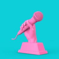rosado música premio trofeo en forma de mano con micrófono en duotono estilo. 3d representación foto