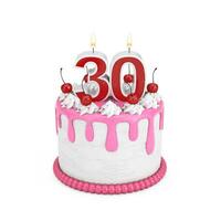 30 Year Birthday Concept. Abstract Birthday Cartoon Dessert Cherry Cake with Thirty Year Anniversary Candle. 3d Rendering photo