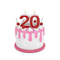 20 Year Birthday Concept. Abstract Birthday Cartoon Dessert Cherry Cake with Twenty Year Anniversary Candle. 3d Rendering photo