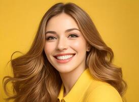AI generated A beautiful woman with a captivating smile, ideal for advertising design, adorned in a radiant yellow dress, against a complementary yellow backdrop. photo