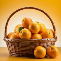 AI generated A wicker basket full of fresh orange fruits. photo