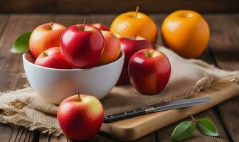 AI generated Apples and orange fruits on the table. photo