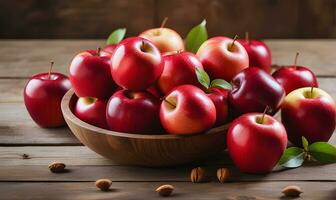 AI generated Ripe red apples on the table photo