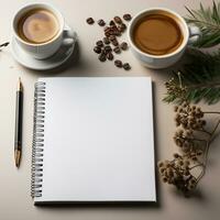 AI generated Top view of blank notebook, pen, coffee cup light background. Creative workspace office. Business concept. Created with Generative AI photo