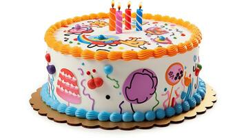 AI generated Birthday cake with colorful candles. Created with Generative AI photo