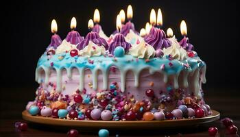 AI generated Birthday cake with colorful candles. Created with Generative AI photo