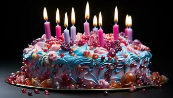AI generated Birthday cake with colorful candles. Created with Generative AI photo