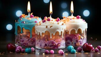 AI generated Birthday cake with colorful candles. Created with Generative AI photo