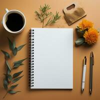 AI generated Top view of blank notebook, pen, coffee cup light background. Creative workspace office. Business concept. Created with Generative AI photo