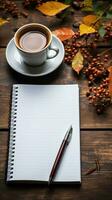 AI generated Top view of blank notebook, pen, coffee cup light background. Creative workspace office. Business concept. Created with Generative AI photo